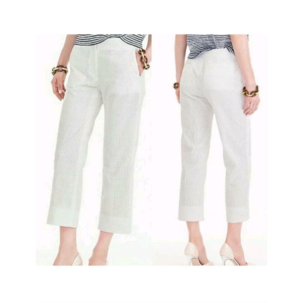 New J Crew Cotton White Eyelet Straight Leg Crop Trousers Patio Pants